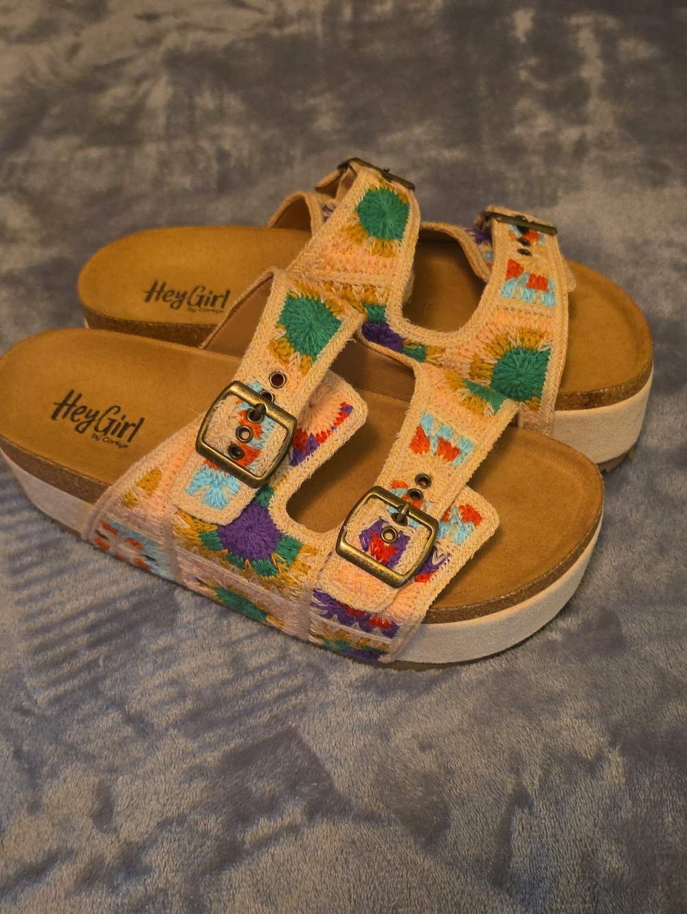 HeyGirl by Corkys Womens Embroidered Cream Multi-Color Slide Sandals